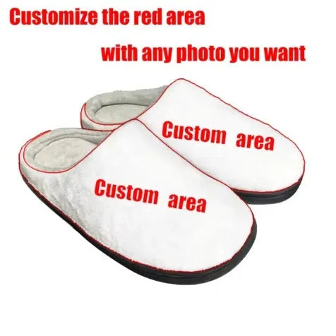 Pair of printed cotton slippers with flannel lining and TPR rubber sole, shown in multiple sizes.