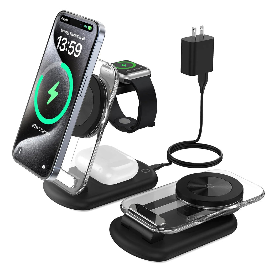 Transparent folding magnetic wireless charger showing internal components with black or white casing options