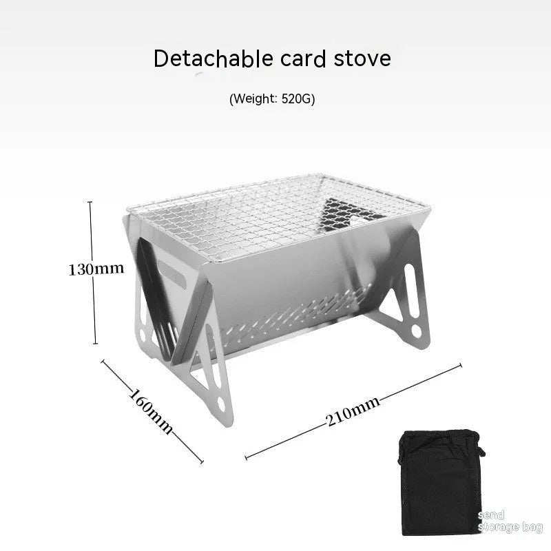 Folding stainless steel barbecue oven with grill rack, shown with storage bag
