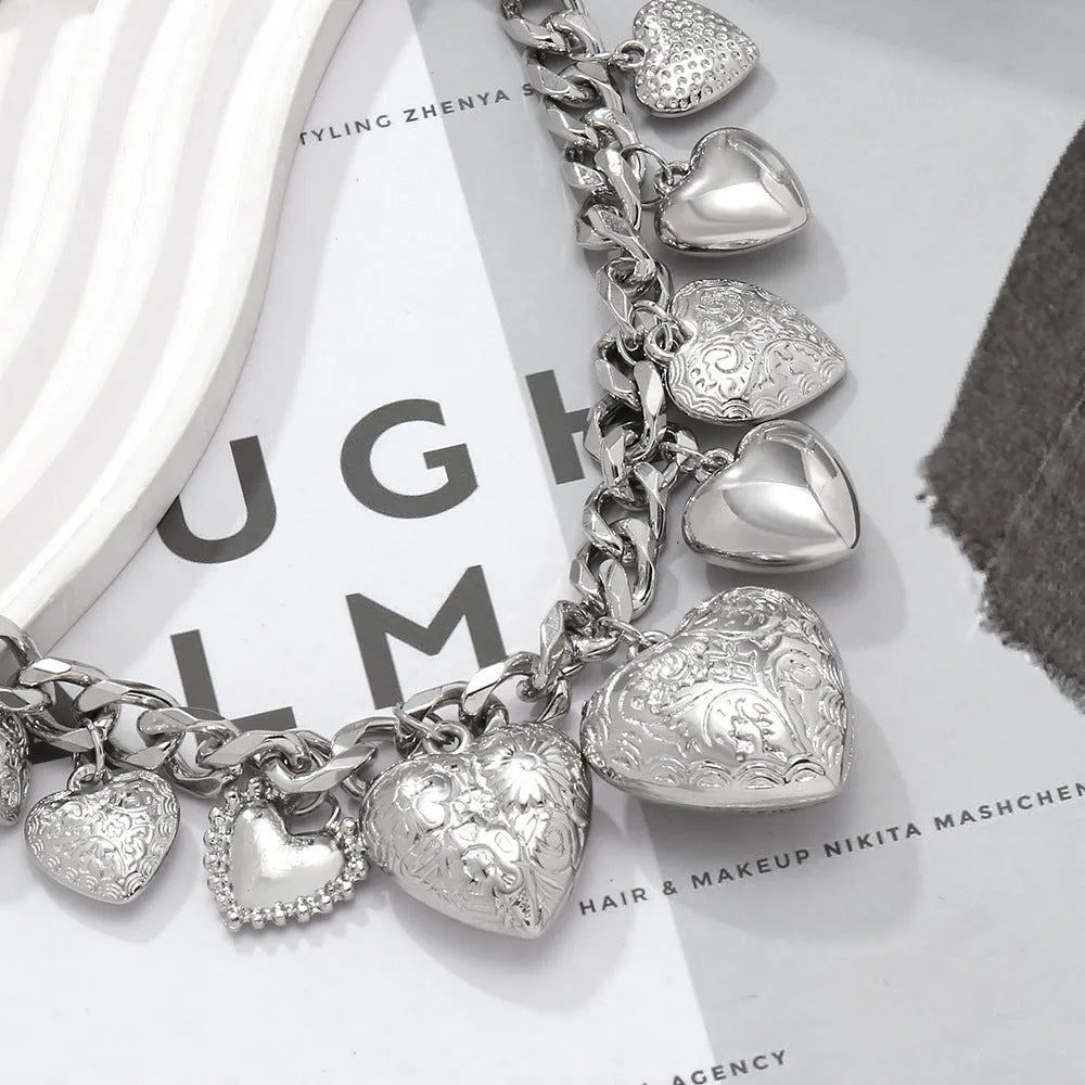 Gold and white K carved heart pendant necklace on alloy chain with adjustable length