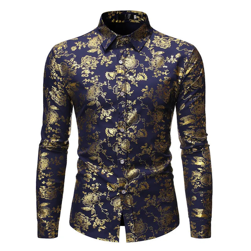 Men's metal bronzing printed lapel shirt in polyester elastic fabric available in four colours