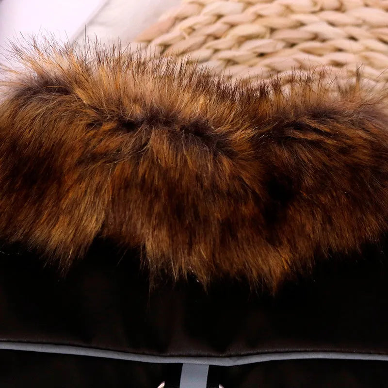 Reflective warm pet fur coat with fur collar in brown or red PU leather, sizes S to XXL