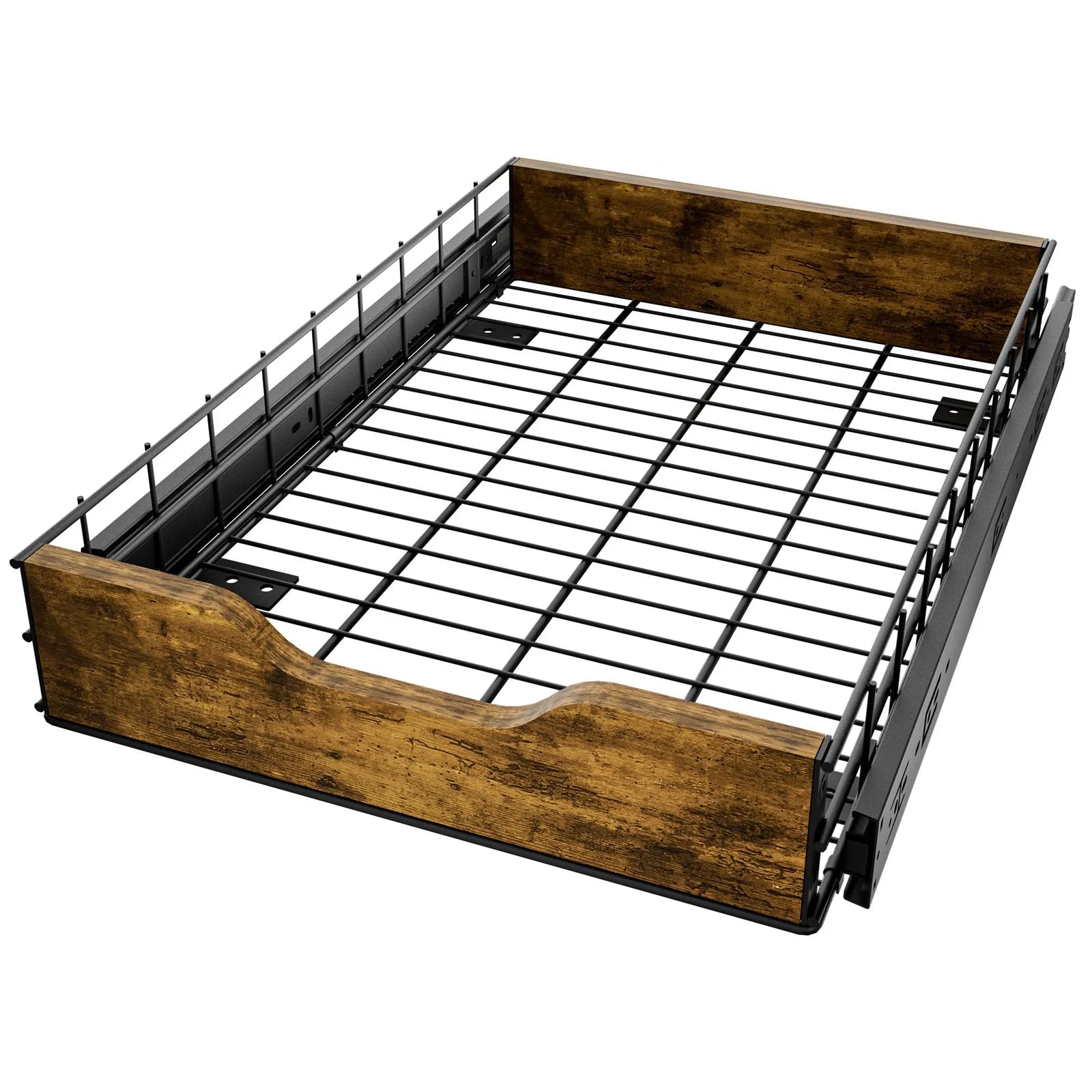 Black wooden pull-out basket drawer storage rack with iron frame for kitchen organisation
