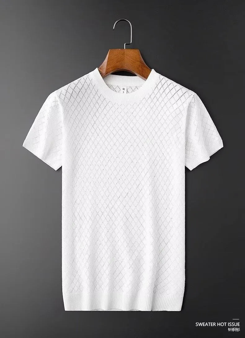 Men's plus size ice silk V-neck T-shirt with cut-out detail in black or white