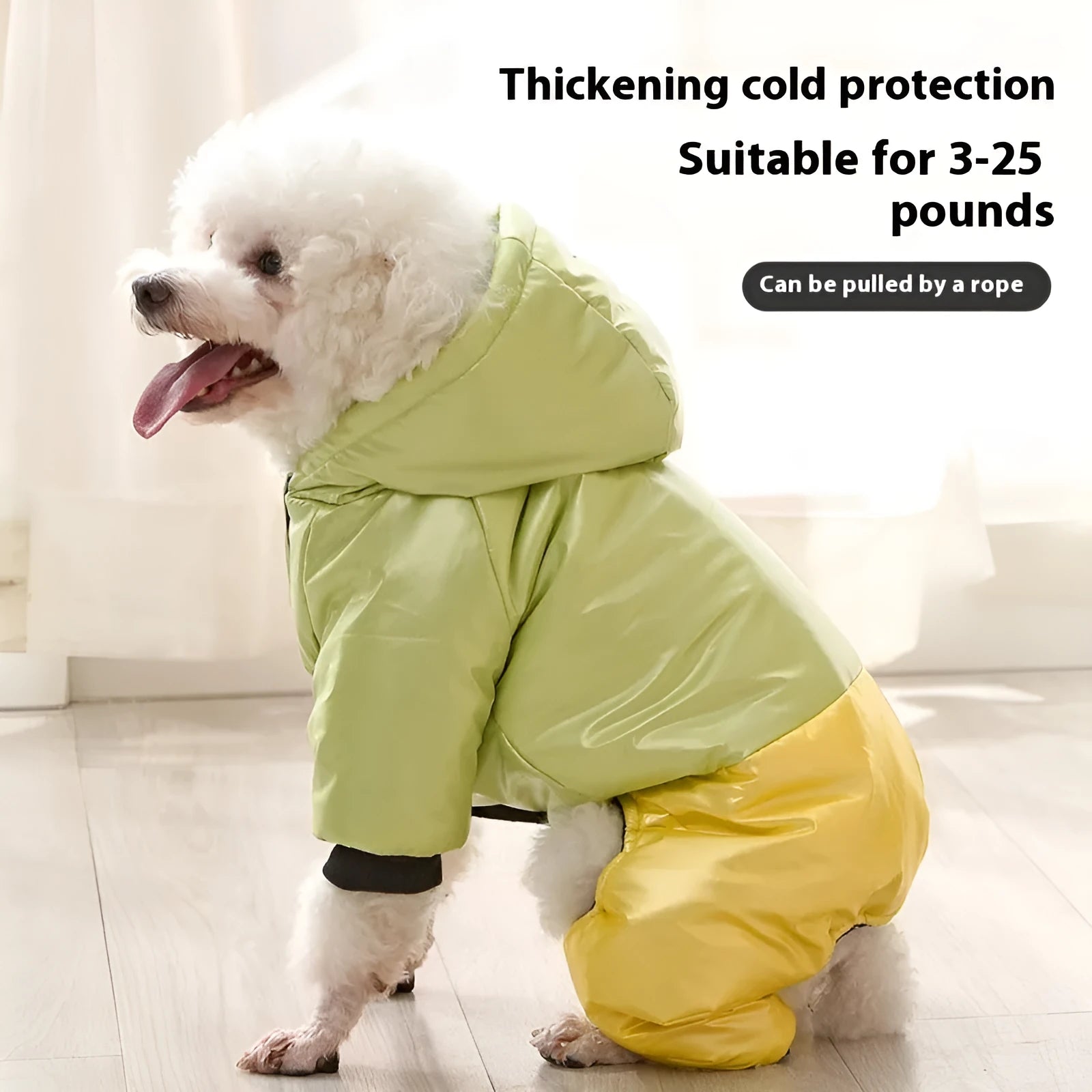 Green waterproof windproof dog coat with four-legged design and cotton padding