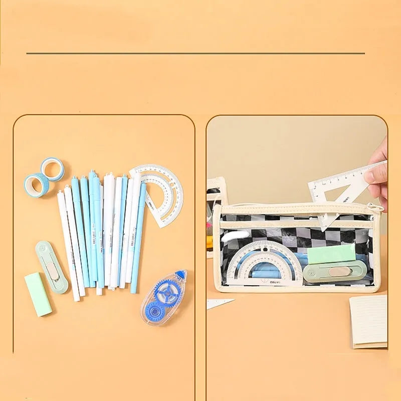 Transparent PVC pencil case with chessboard pattern showing pens inside, dimensions 21.5x8x11.5cm