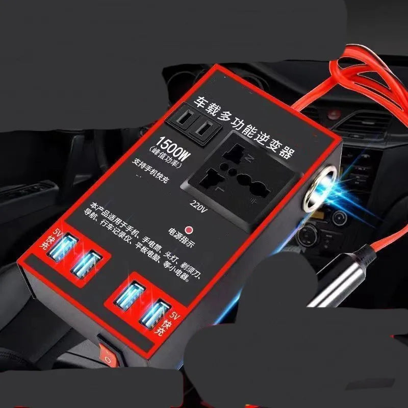 Black car power converter with 220V socket and 4 USB ports for 12V 24V vehicle systems