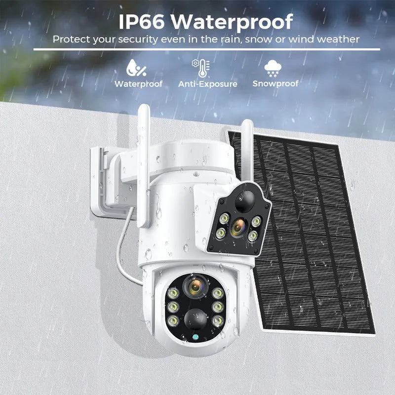Outdoor solar-powered wireless wifi security camera with solar panel in black or white finish