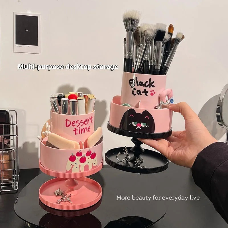 Japanese style rotating cosmetic brush barrel with storage rack in beige colour