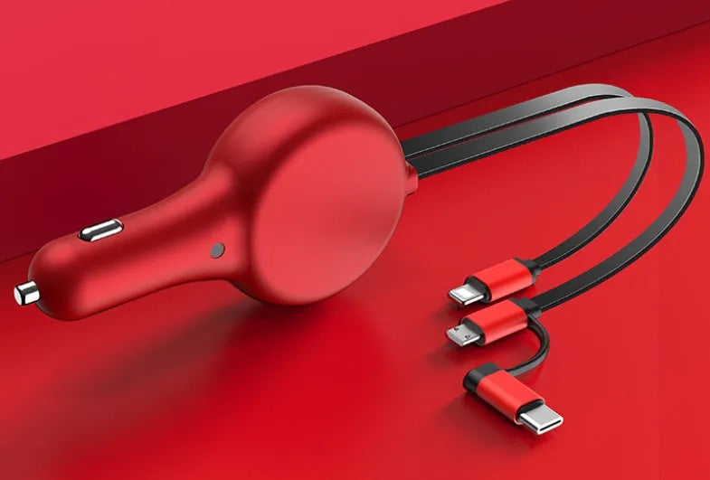 Black retractable car charger with two coiled cables and three charging heads displayed next to a car power socket.