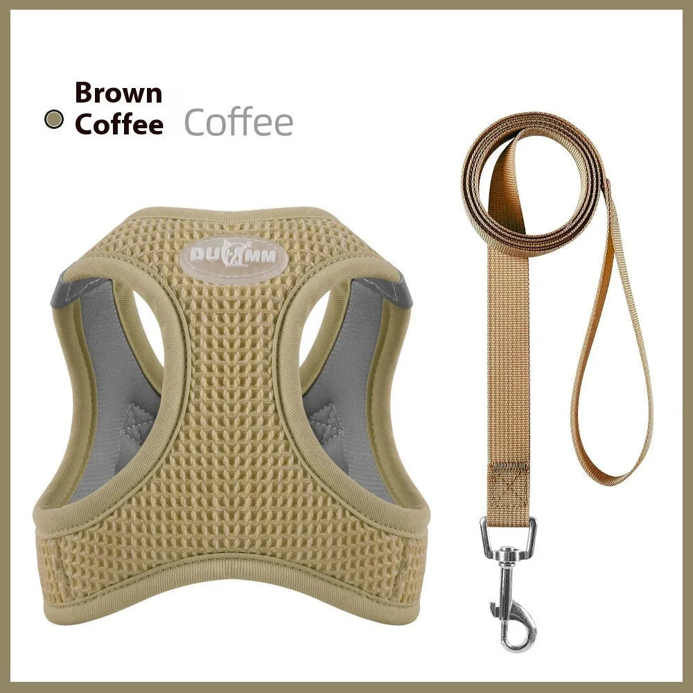 Brown waffle cloth cat harness with chest strap showing leash attachment point