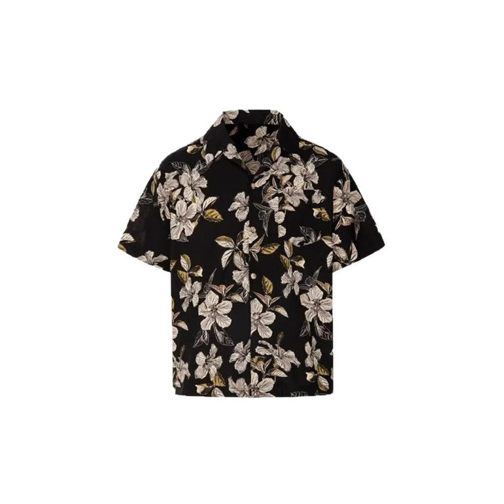 Black men's vintage Cuban collar shirt with floral print, made from ice silk fabric with short sleeves.