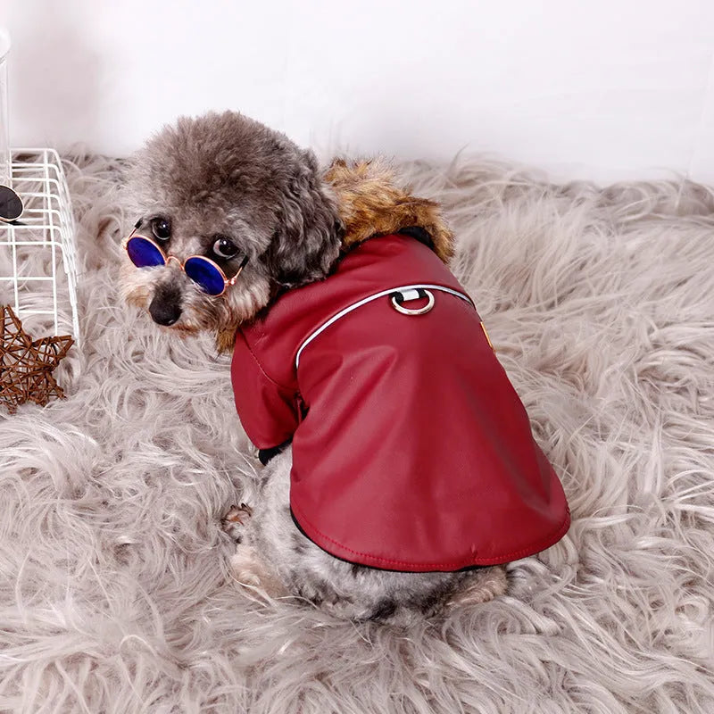 Reflective warm pet fur coat with fur collar in brown or red PU leather, sizes S to XXL