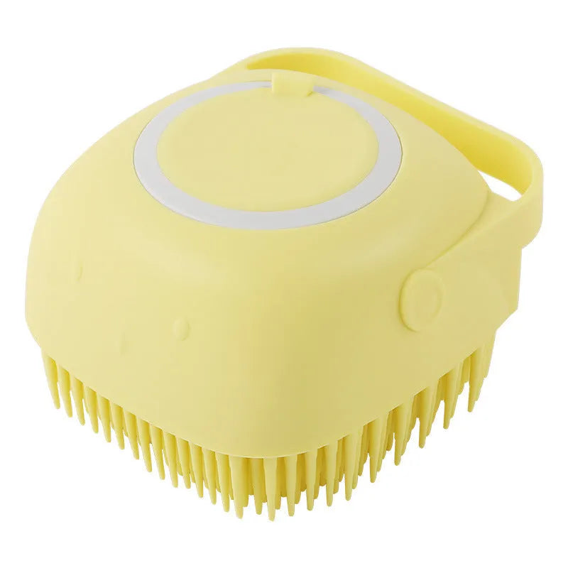 Silicone dog bath massage brush in blue, pink, and yellow colour options