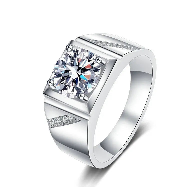 Men's large square diamond ring in copper with adjustable band, shown in gold and platinum finishes.