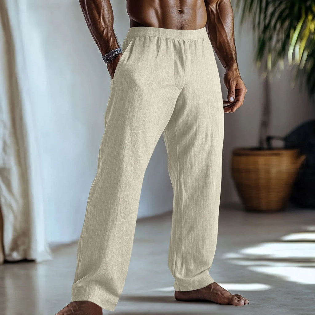 Men's straight-leg casual trousers in a cotton and linen fabric blend, shown in a solid colour.