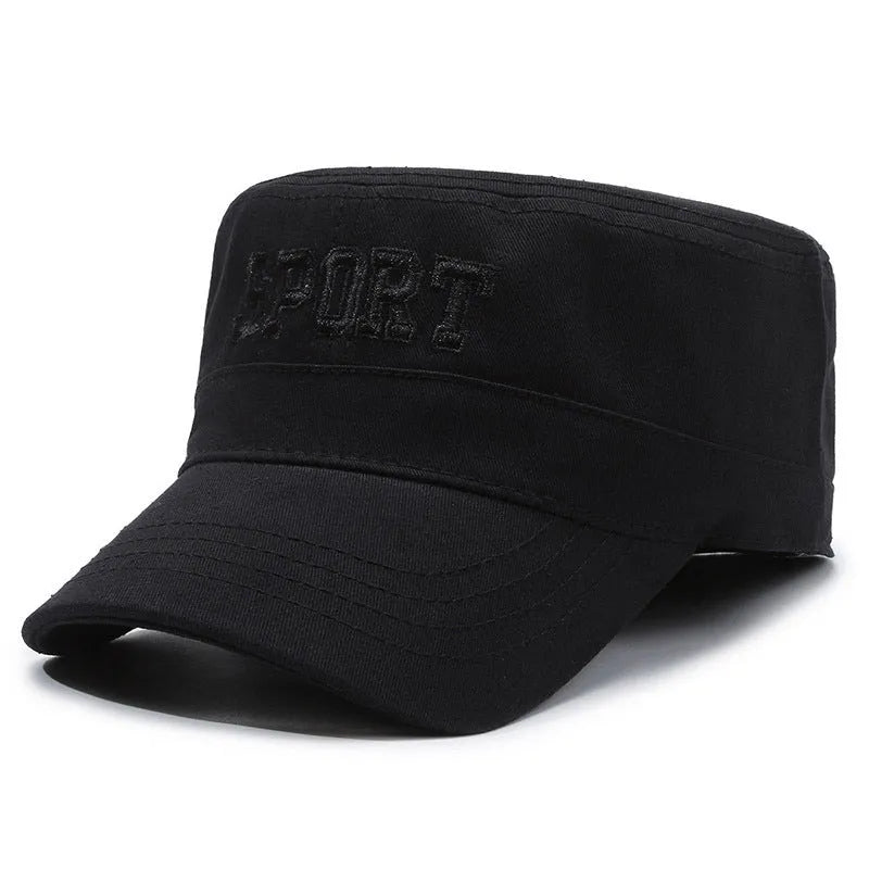 Men's cotton flat-top peaked cap with English letters in army green colour