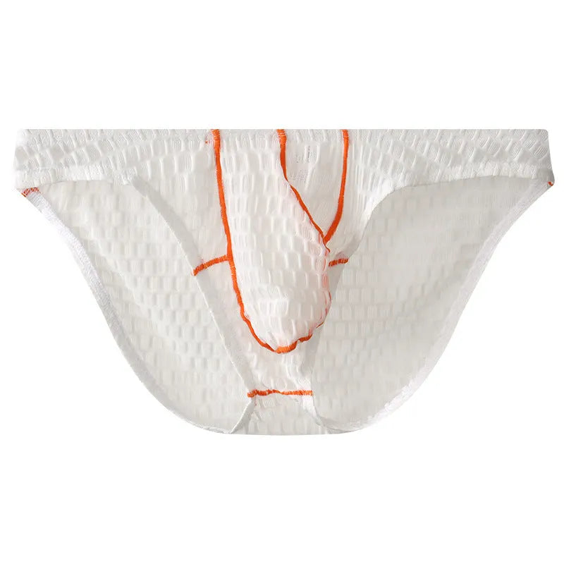 Men's ice silk lace low waist briefs on a white background, shown in multiple colour options.