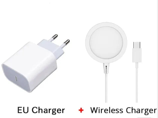 Silver metal magnetic wireless charger for Apple iPhone on a table