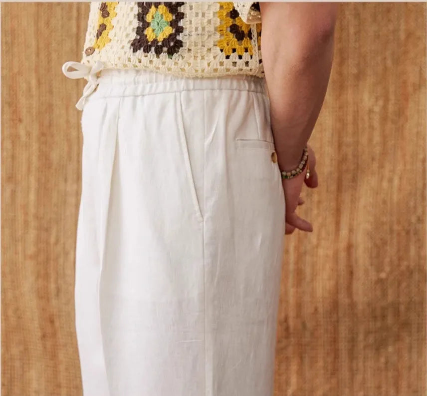Linen straight-leg trousers with elasticated high waistband in navy blue colour
