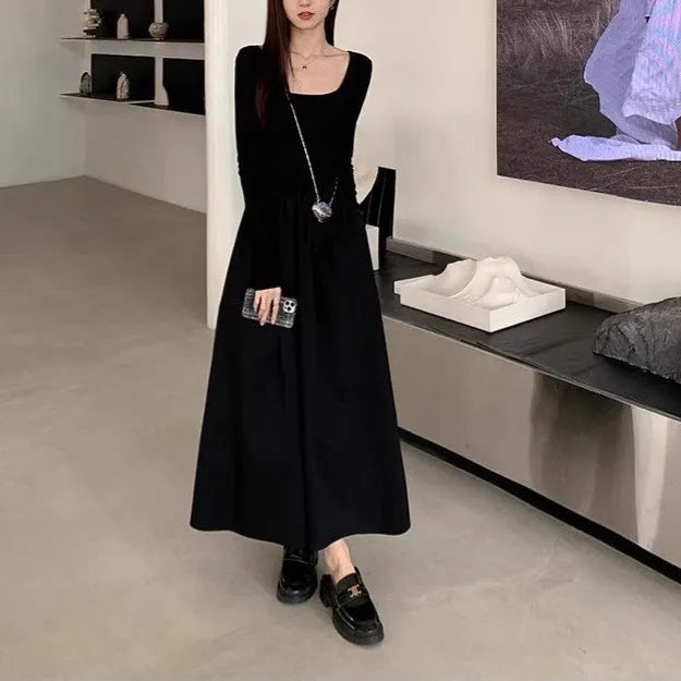 Women's square collar knitted dress with elastic waist and a-line long skirt