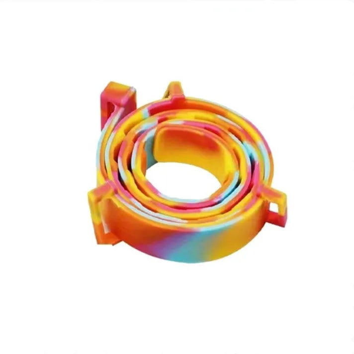 Rainbow coloured plastic flea collar for pets shown in cat and dog style options.