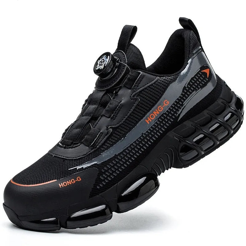 Lightweight black anti-smash work shoes with a breathable Flyweave upper and front lacing