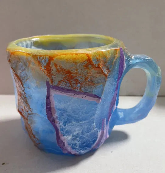Clear resin coffee mug with crystal texture and handle in assorted colours