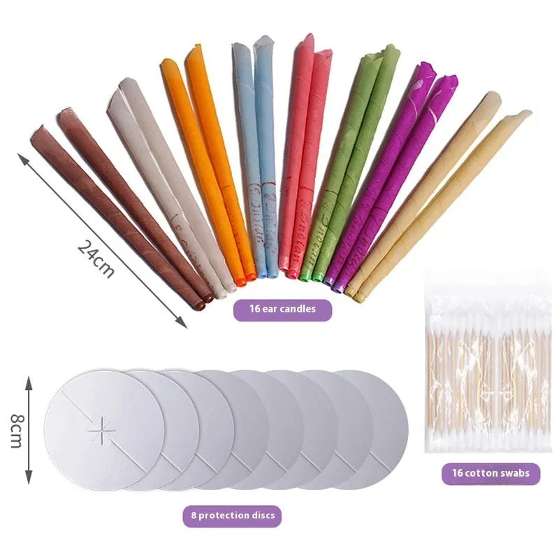 MQ Horn ear candles kit showing cotton cloth candles, protection boards, and cotton swabs in assorted colours.