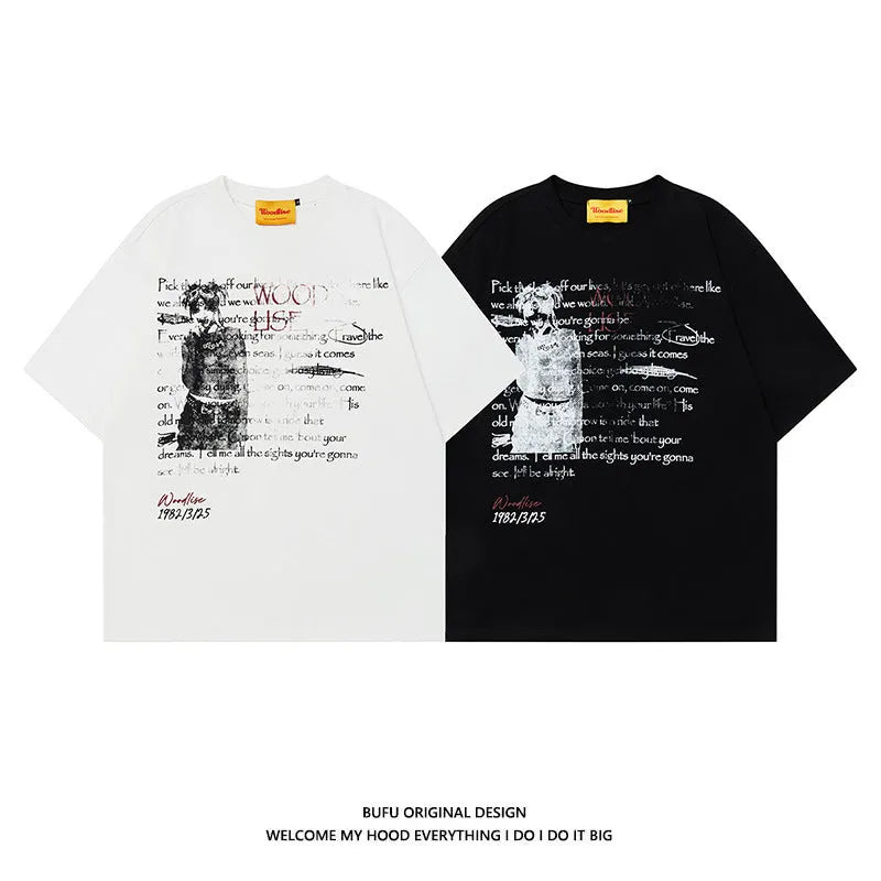 Men's black loose fit cotton t-shirt with white printed letter design and raglan short sleeves