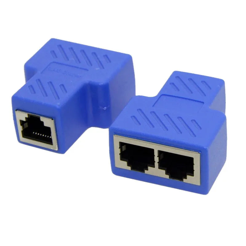 Two white RJ45 network cable splitters, showing one input and two output ports.