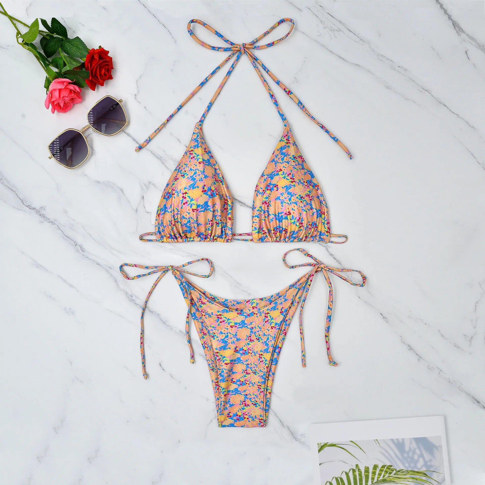 Women's lace-up bikini swimsuit in picture colour with European style backless briefs design