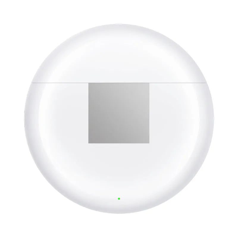 White Wireless Budz5 Bluetooth earbuds with their charging case on a table.