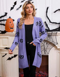 Women's black Halloween cardigan with orange pumpkin head jacquard pattern, straight cut with regular sleeves.