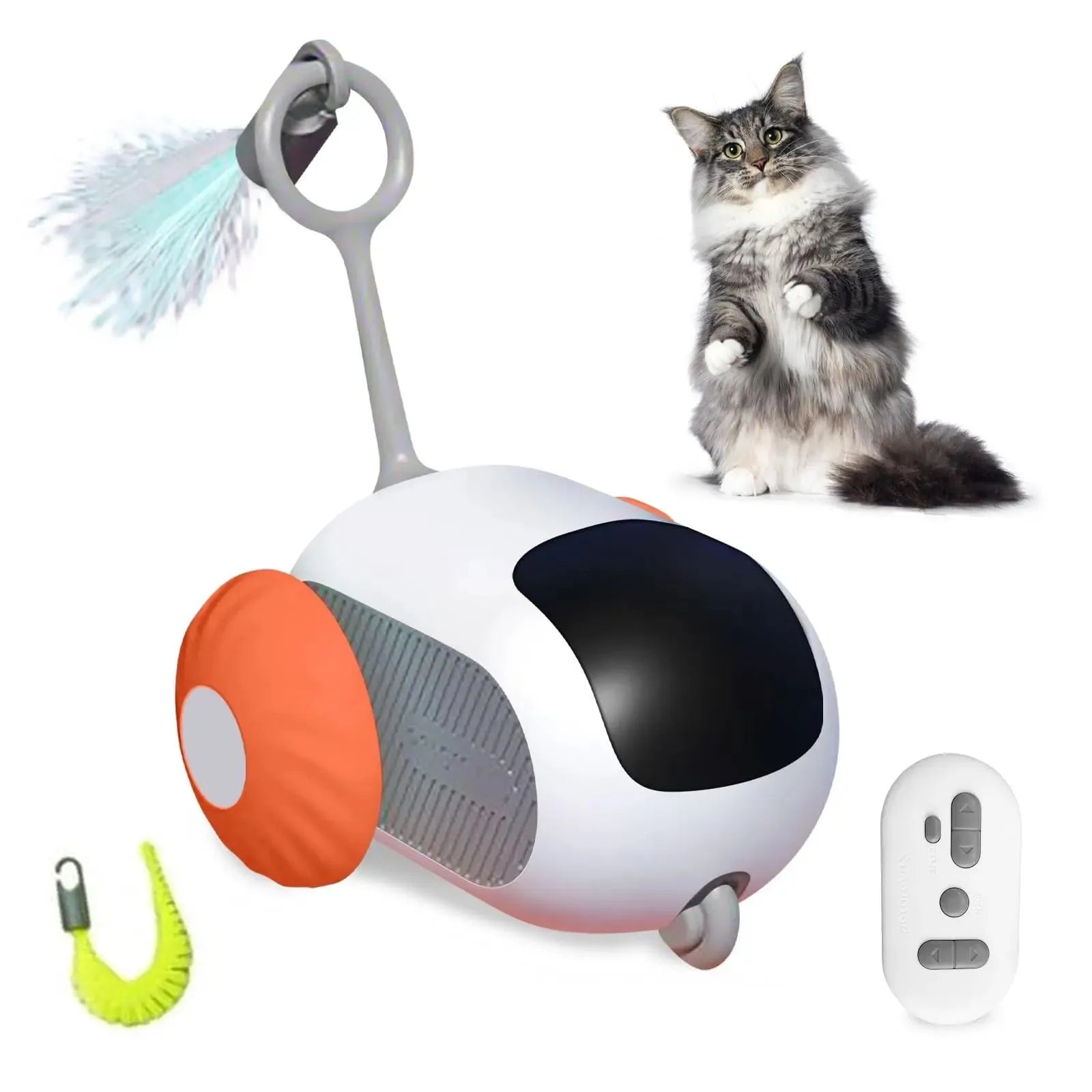 Blue smart cat toy car with feather teaser attachment and remote control on floor