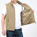 Men's striped waterproof hooded vest with multiple patch pockets in khaki colour