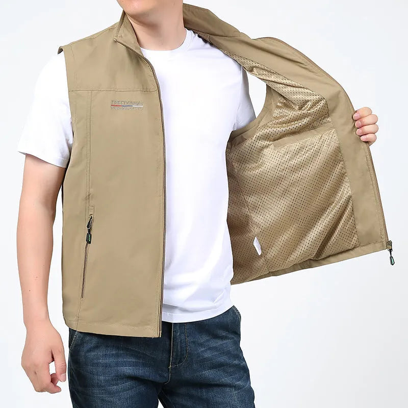 Men's striped waterproof hooded vest with multiple patch pockets in khaki colour