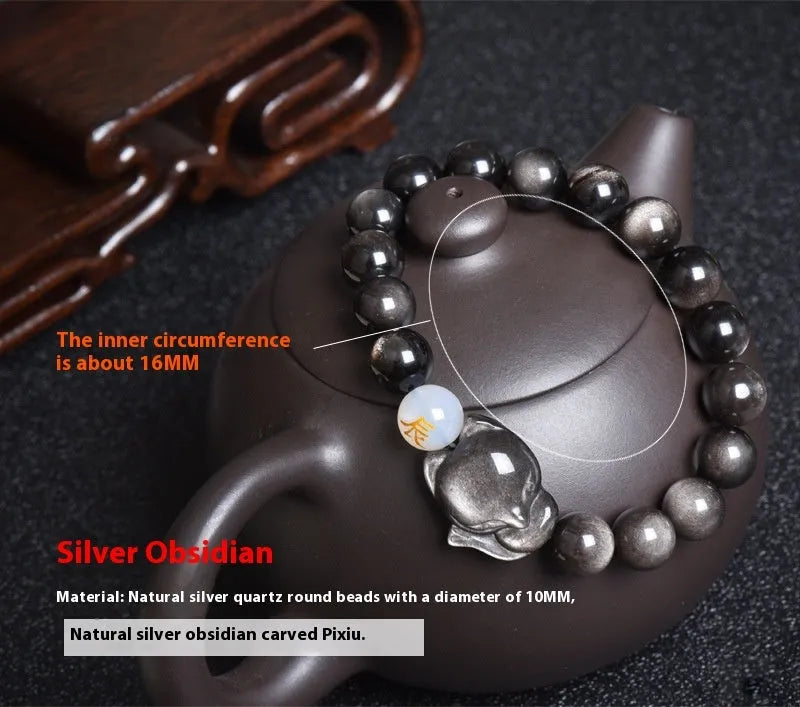 Natural obsidian bracelet with zodiac guardian design and 10mm stone beads