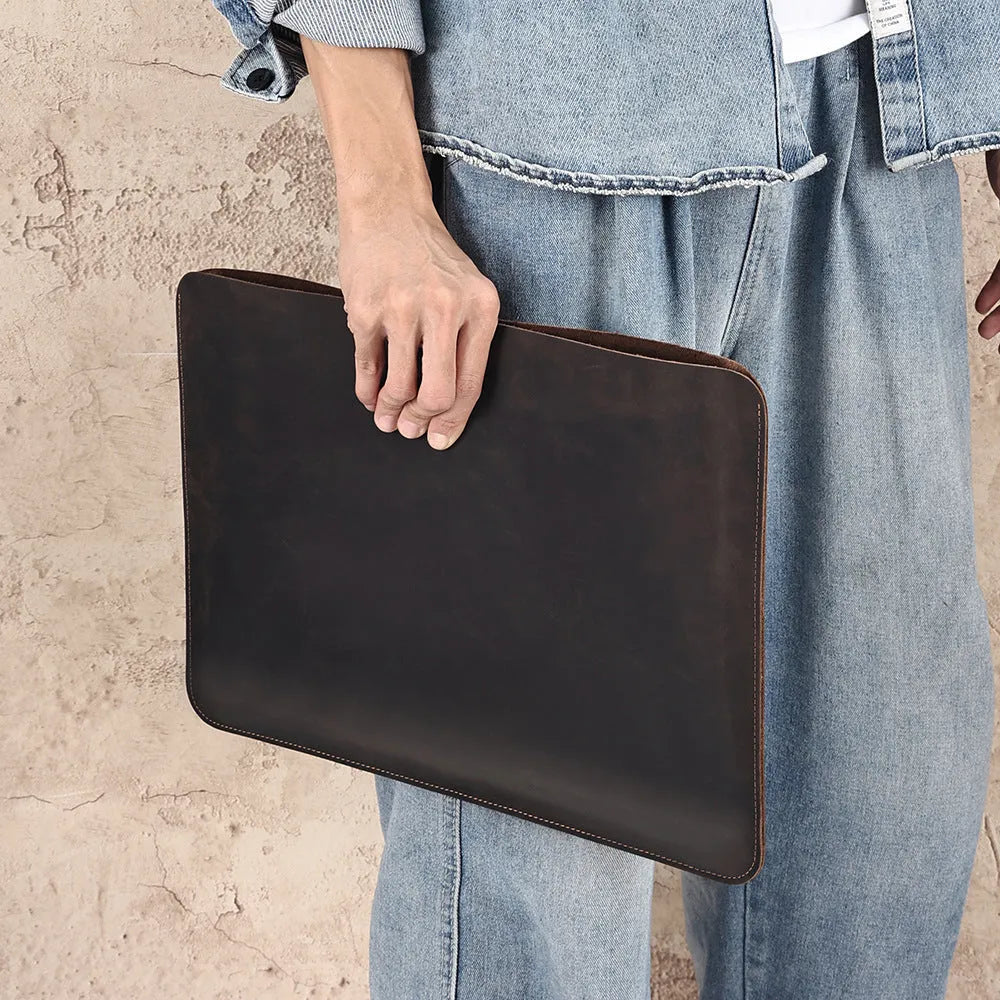 Brown genuine leather computer liner bag for men with crazy horse leather finish and multi-functional design