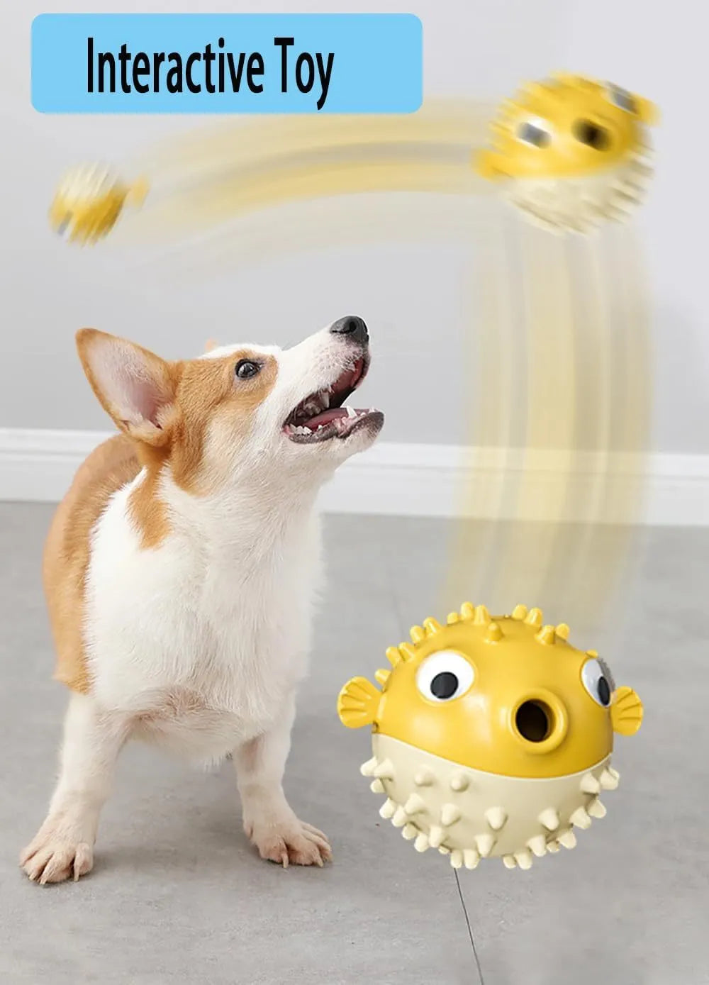 Green fish-shaped interactive dog chew toy with textured surface and internal bell.
