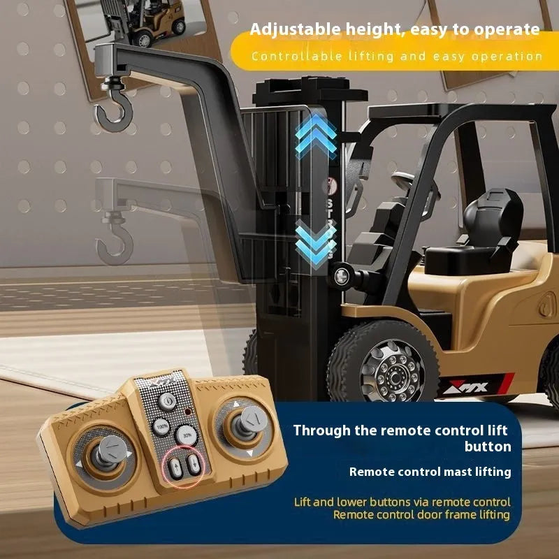 1:64 scale grey alloy remote control forklift toy with mini Bluetooth controller and cargo accessories.
