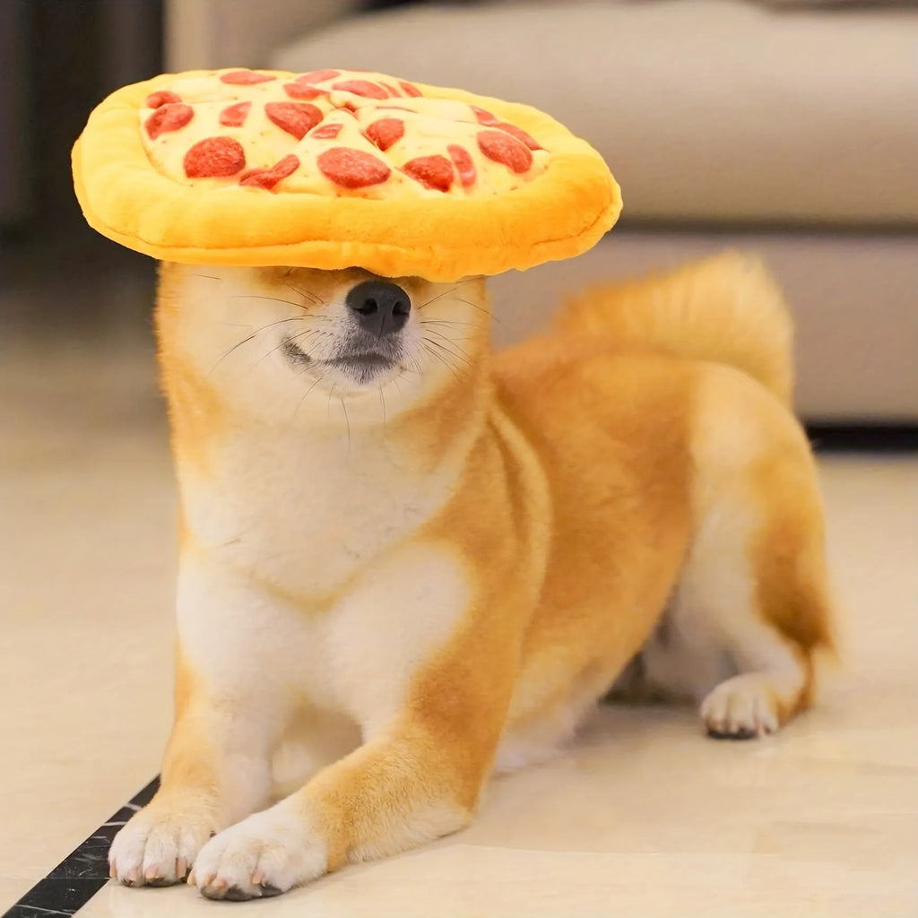 Yellow teddy pizza dog chewing toy with bone shape and squeaker