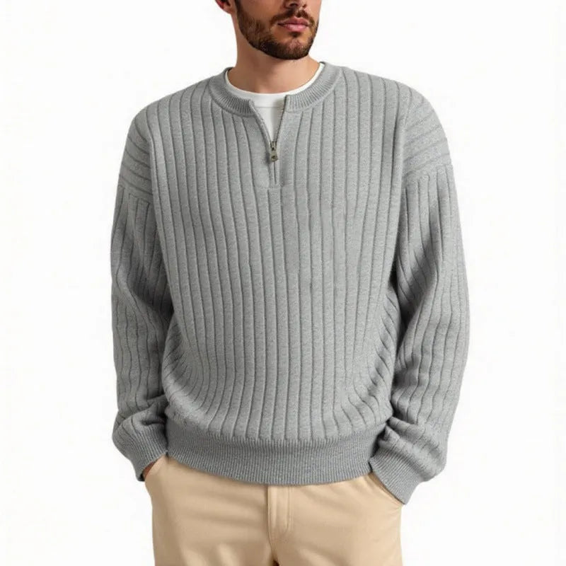 Men's grey half zip loose sweater with textured knit pattern and long sleeves