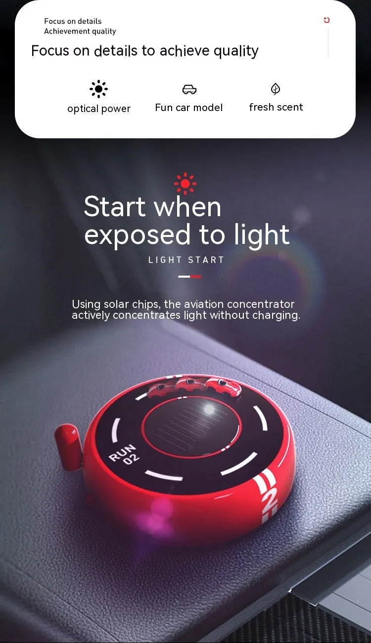 Black, red, and white round car model solar aromatherapy decoration for vehicle fragrance.