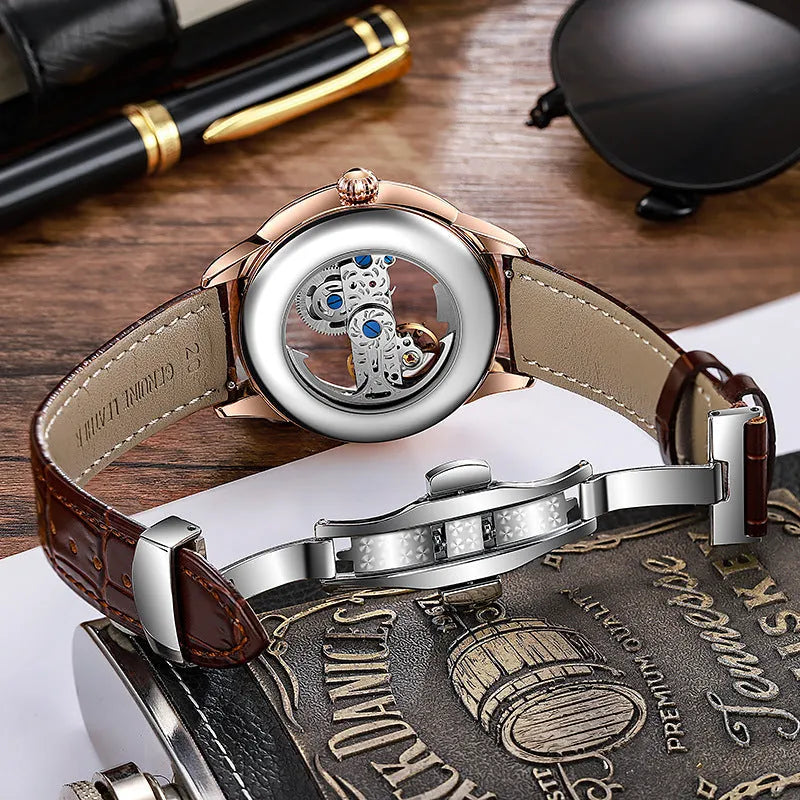 Men's waterproof mechanical business watch with transparent case back and choice of straps