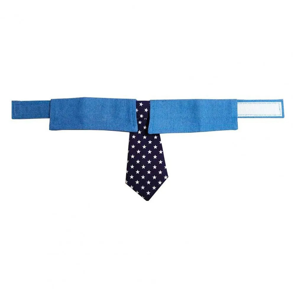 Adjustable denim dog collar with a star pattern necktie, shown in sizes S, M, and L.