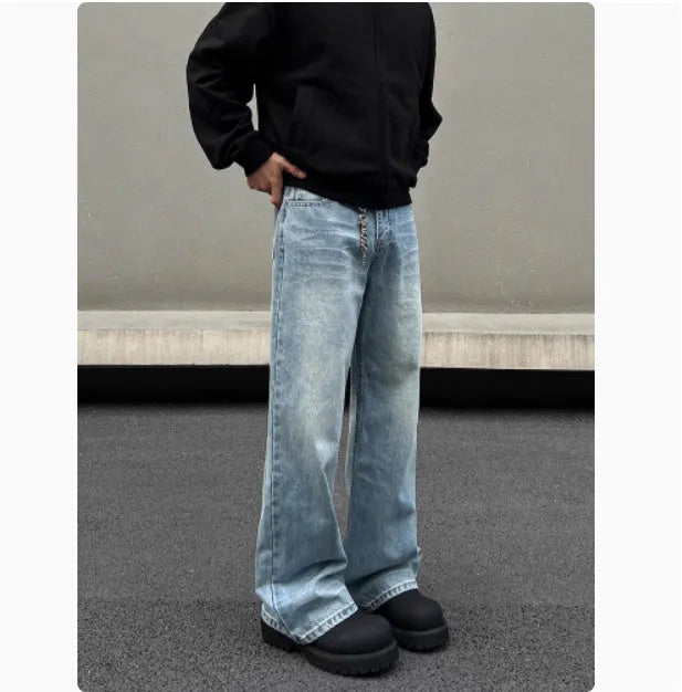 Men's blue straight jeans with retro whisker washing and flared leg style