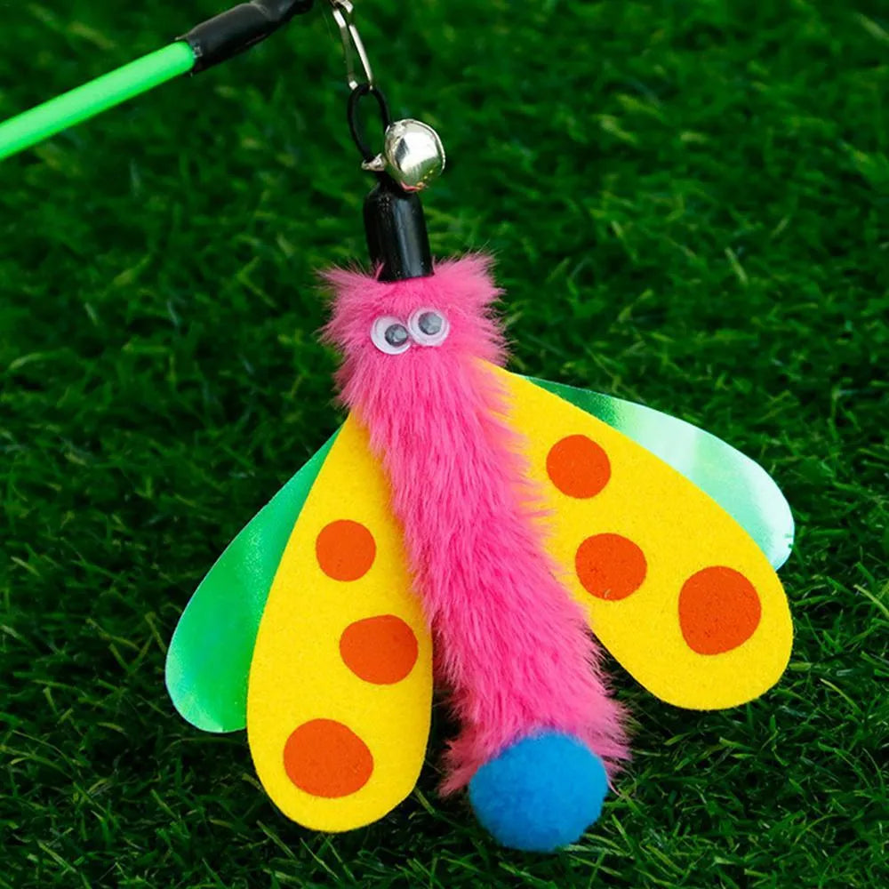 49cm cat wand toy with dragonfly bell attachment in colourful feathers for indoor cat play