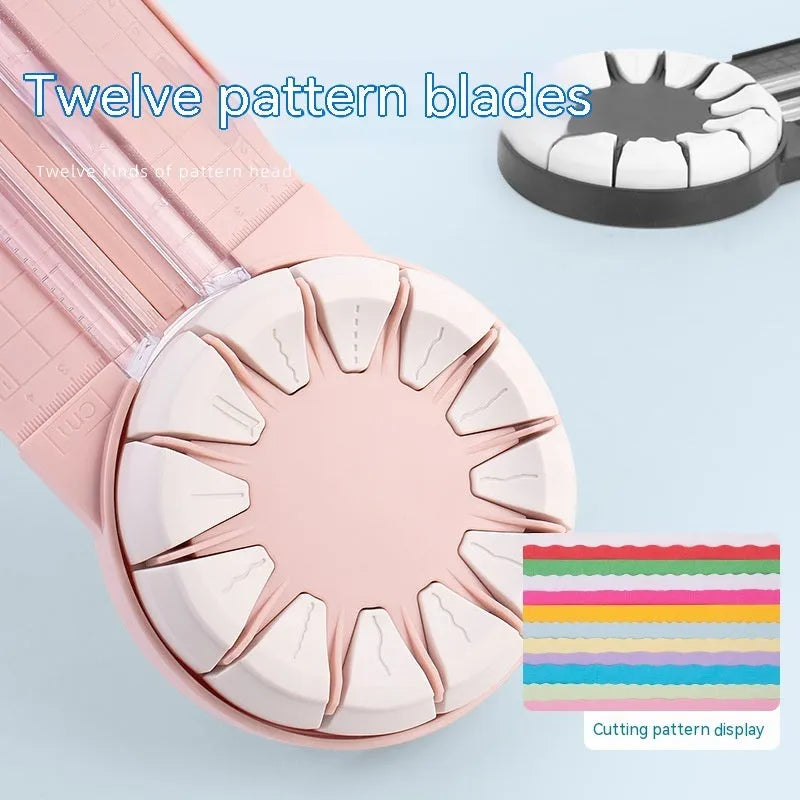 Plastic paper cutting machine with twelve dotted patterns in pink colour, showing 46.2cm length