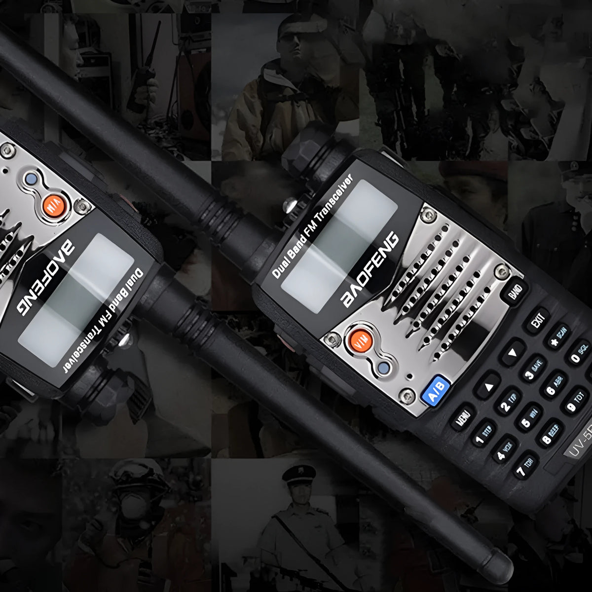 Baofeng UV-5RA dual band transceiver with dual display screen and antenna
